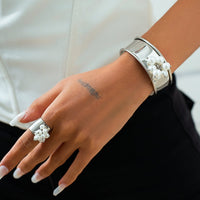 Thumbnail for Baroque Glossy Pearl Charm Open Wide Cuff Bangle Bracelet Ring Set - ArtGalleryZen