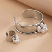 Thumbnail for Baroque Glossy Pearl Charm Open Wide Cuff Bangle Bracelet Ring Set - ArtGalleryZen