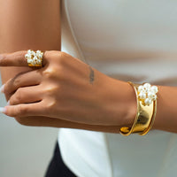 Thumbnail for Baroque Glossy Pearl Charm Open Wide Cuff Bangle Bracelet Ring Set - ArtGalleryZen