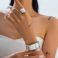 Thumbnail for Baroque Glossy Pearl Charm Open Wide Cuff Bangle Bracelet Ring Set - ArtGalleryZen