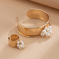 Thumbnail for Baroque Glossy Pearl Charm Open Wide Cuff Bangle Bracelet Ring Set - ArtGalleryZen
