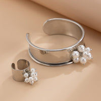 Thumbnail for Baroque Glossy Pearl Charm Open Wide Cuff Bangle Bracelet Ring Set