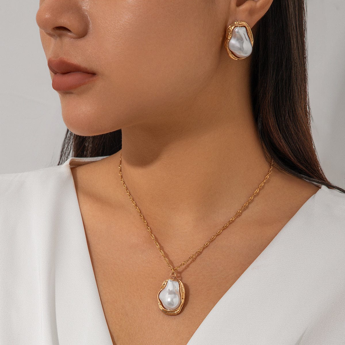 Baroque Irregular Pearl Charm Singapore Chain Necklace Earrings Set