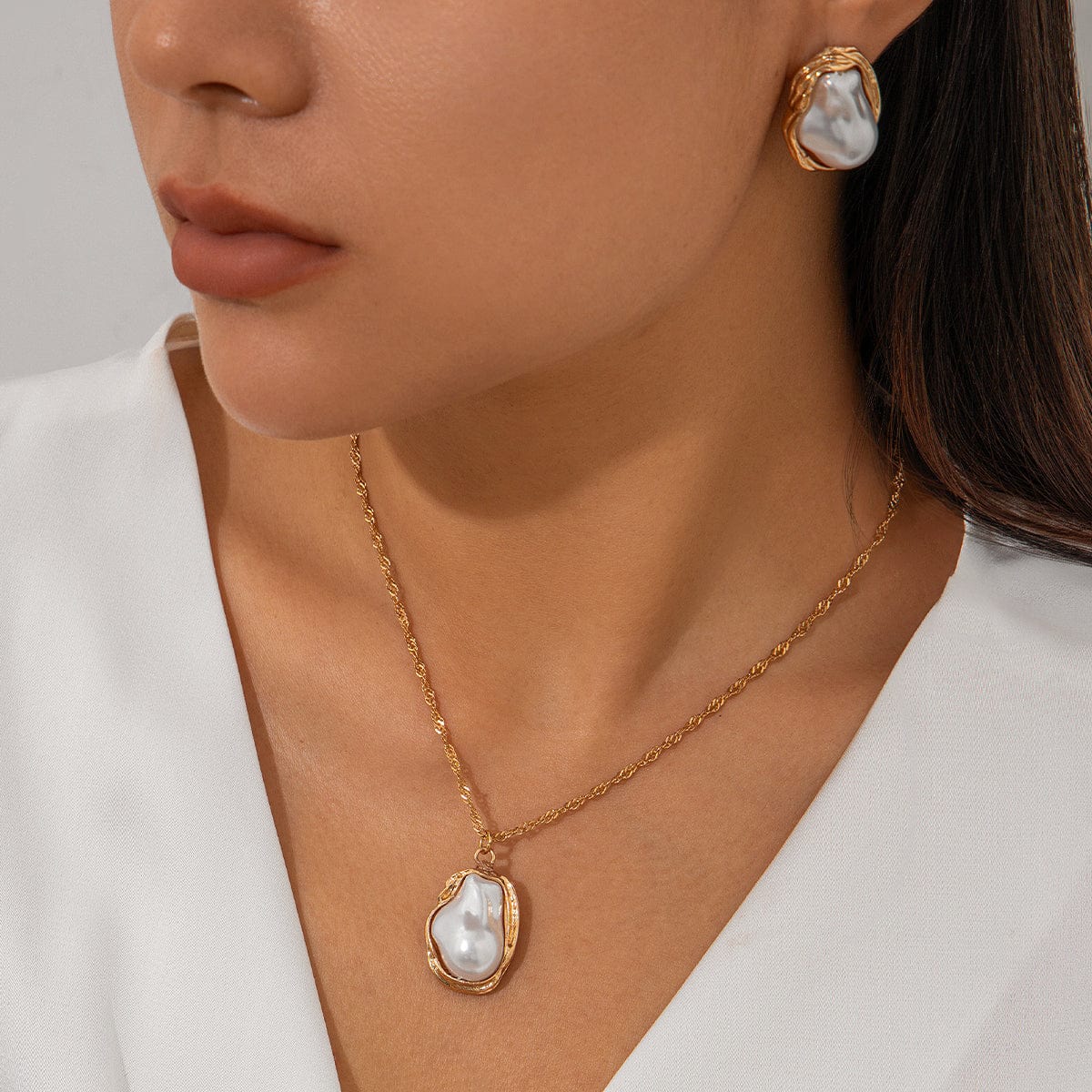 Baroque Irregular Pearl Charm Singapore Chain Necklace Earrings Set