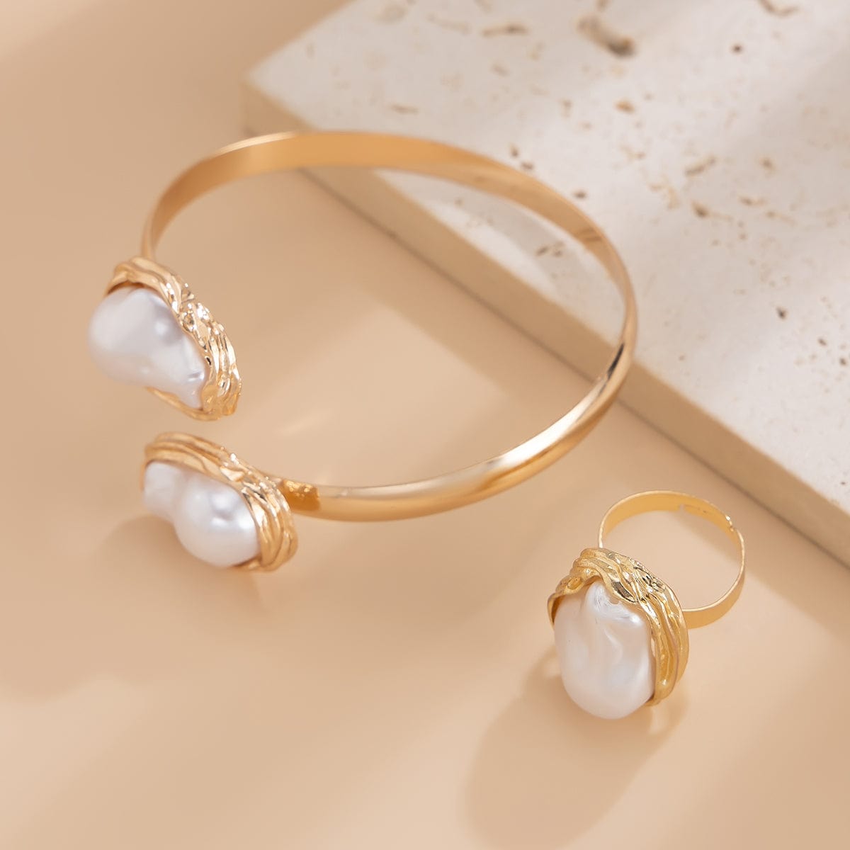 Baroque Irregular Pearl Inlaid Open Ring Bangle Bracelet Set - ArtGalleryZen