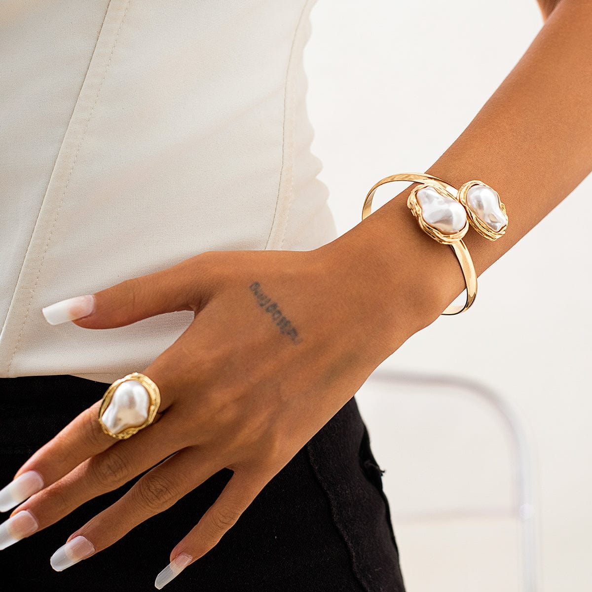 Baroque Irregular Pearl Inlaid Open Ring Bangle Bracelet Set - ArtGalleryZen