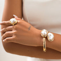 Thumbnail for Baroque Irregular Pearl Inlaid Open Ring Bangle Bracelet Set - ArtGalleryZen