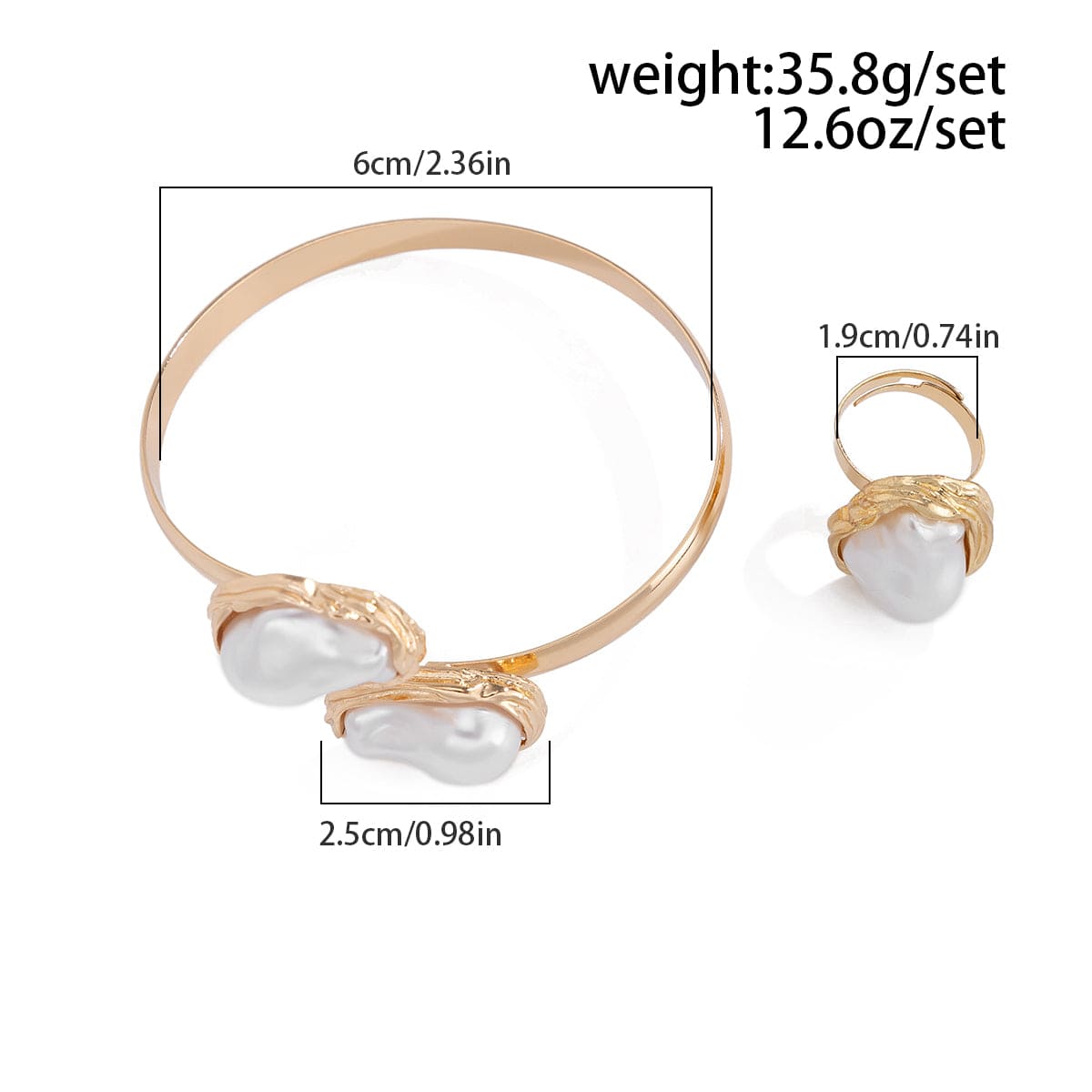 Baroque Irregular Pearl Inlaid Open Ring Bangle Bracelet Set