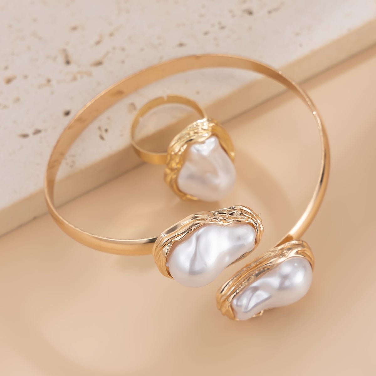 Baroque Irregular Pearl Inlaid Open Ring Bangle Bracelet Set