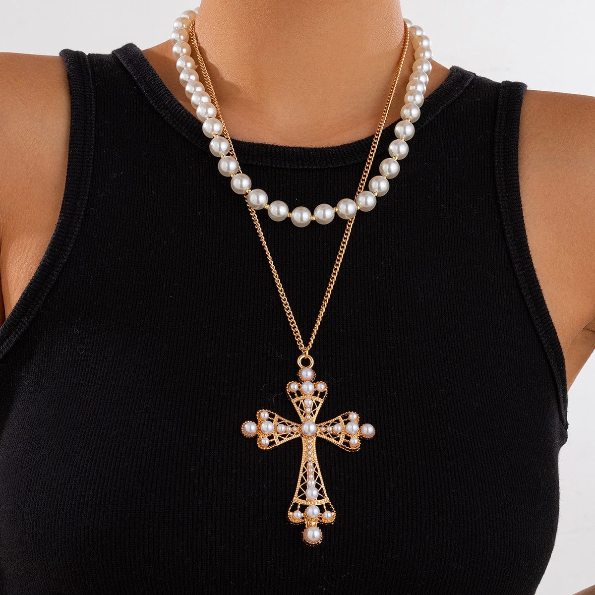 Baroque Layered Cross Pendant Pearl Chain Necklace Set