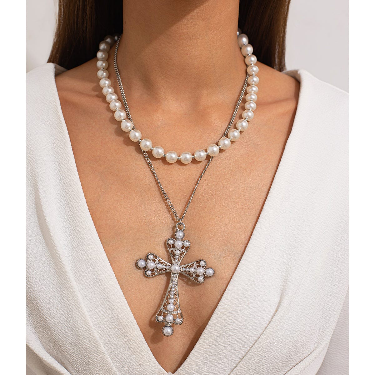 Baroque Layered Cross Pendant Pearl Chain Necklace Set