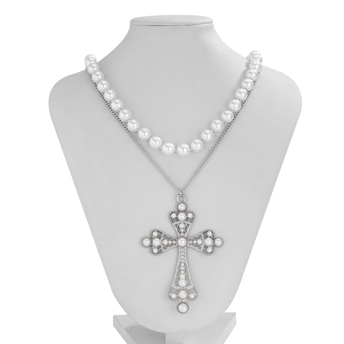 Baroque Layered Cross Pendant Pearl Chain Necklace Set