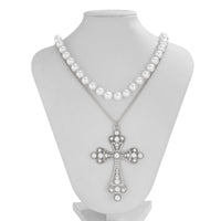 Thumbnail for Baroque Layered Cross Pendant Pearl Chain Necklace Set