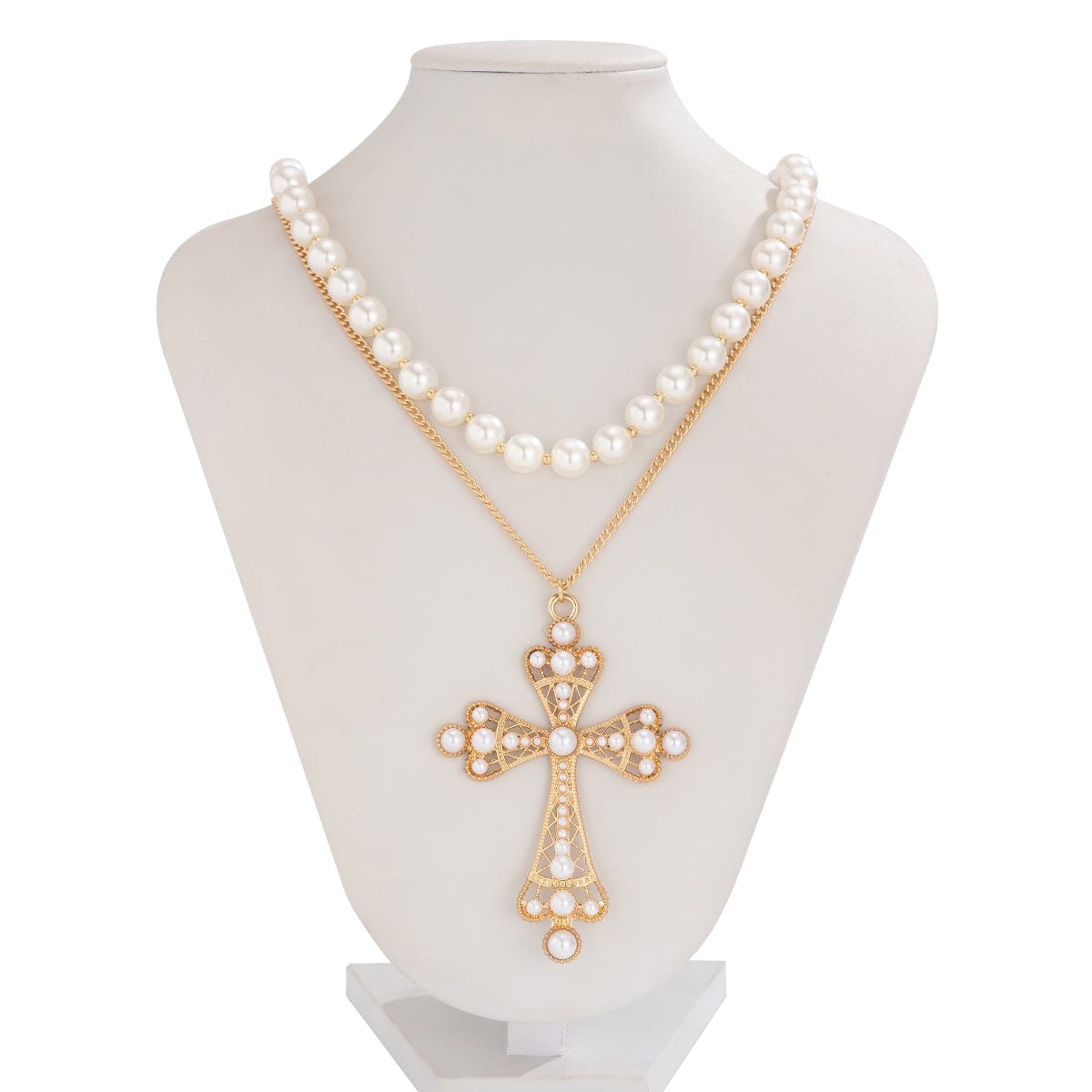 Baroque Layered Cross Pendant Pearl Chain Necklace Set