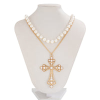 Thumbnail for Baroque Layered Cross Pendant Pearl Chain Necklace Set