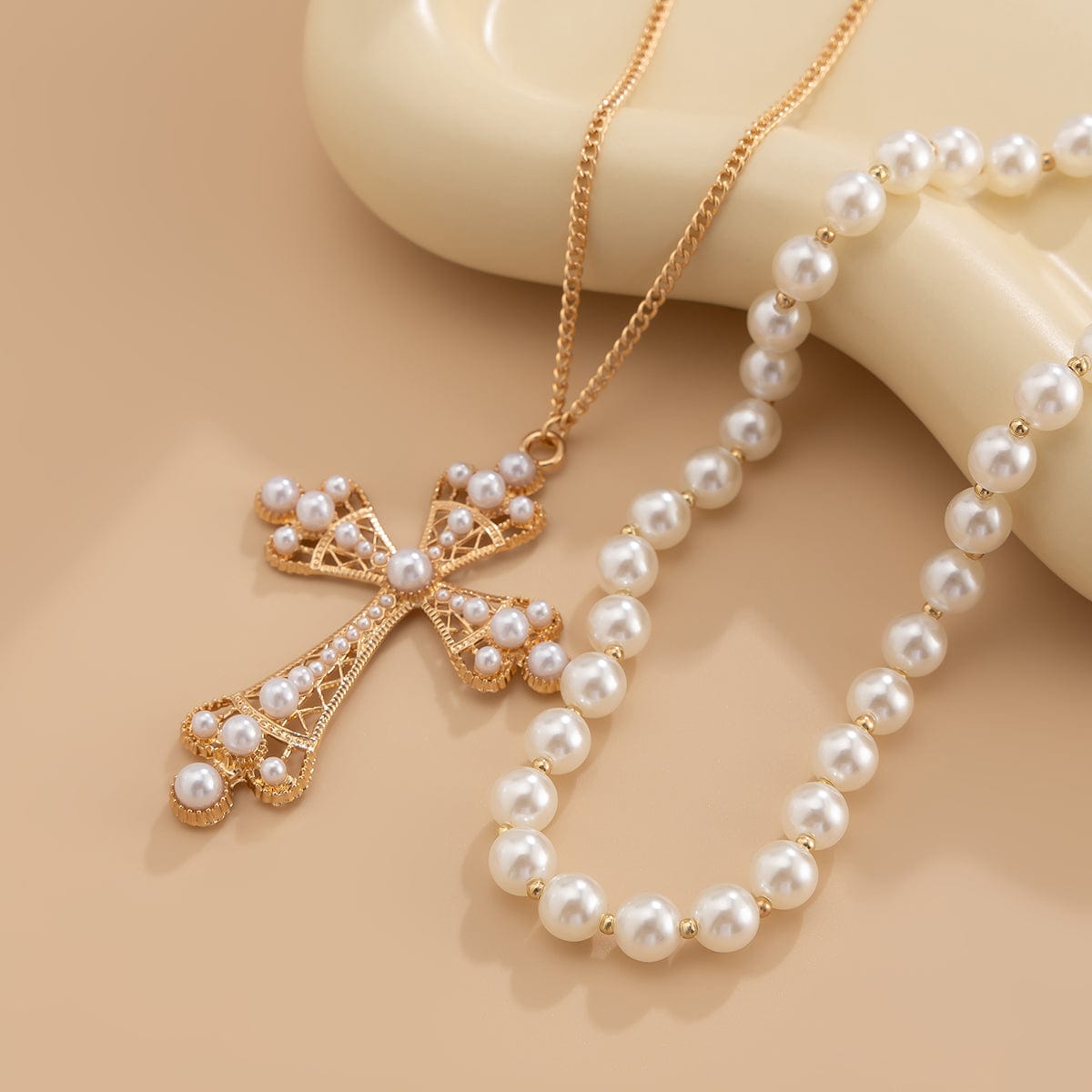 Baroque Layered Cross Pendant Pearl Chain Necklace Set