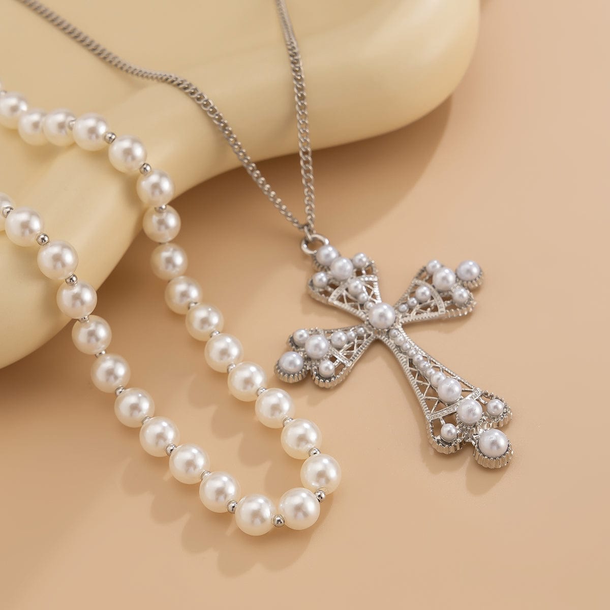 Baroque Layered Cross Pendant Pearl Chain Necklace Set