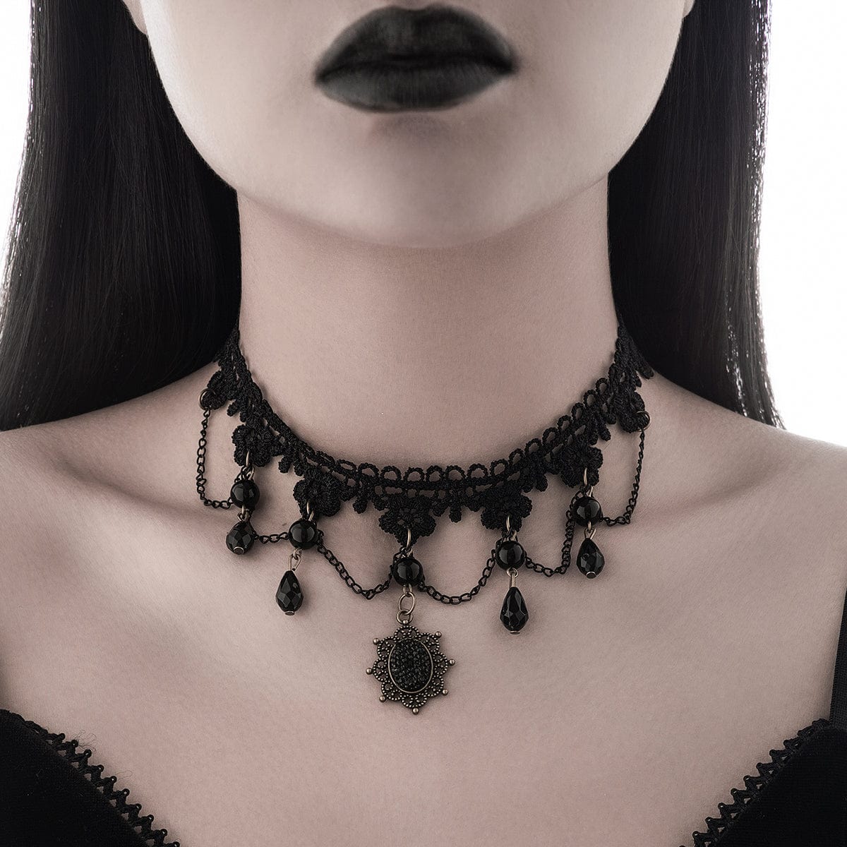 Baroque Layered Crystal Tassel Flower Pendant Lace Choker Necklace - ArtGalleryZen