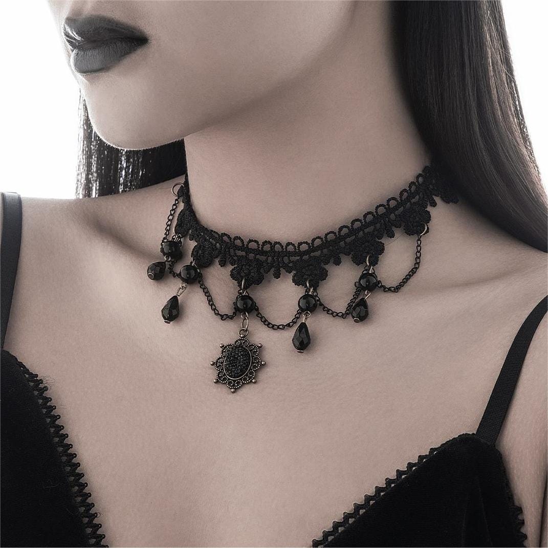 Baroque Layered Crystal Tassel Flower Pendant Lace Choker Necklace