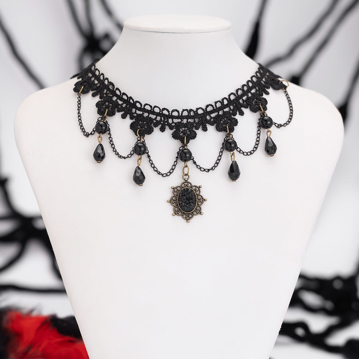 Baroque Layered Crystal Tassel Flower Pendant Lace Choker Necklace