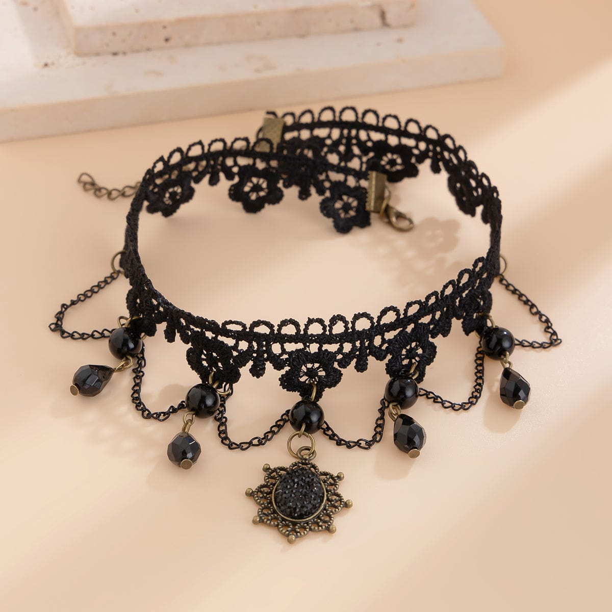 Baroque Layered Crystal Tassel Flower Pendant Lace Choker Necklace