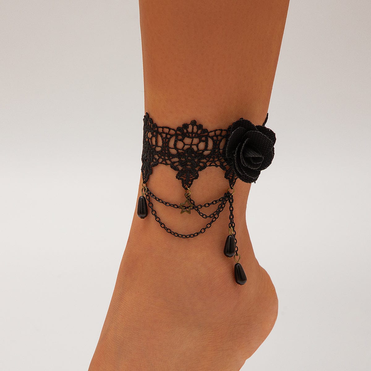 Baroque Layered Crystal Tassel Rose Lace Anklet