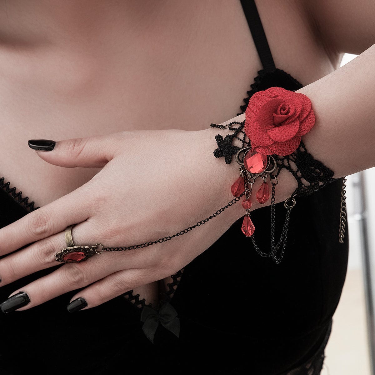 Baroque Layered Crystal Tassel Rose Lace Finger Ring Bracelet