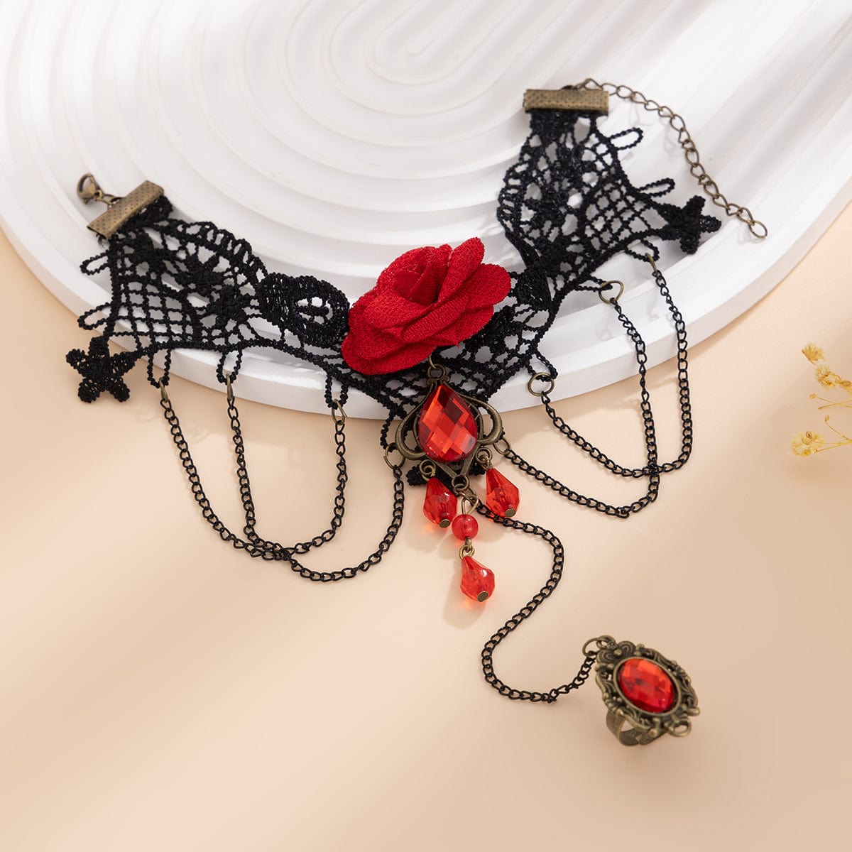 Baroque Layered Crystal Tassel Rose Lace Finger Ring Bracelet