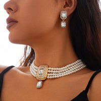 Thumbnail for Baroque Layered CZ Inlaid Crystal Pendant Pearl Chain Choker Necklace Earrings Set