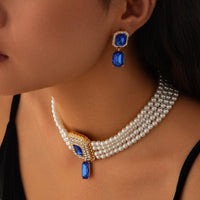 Thumbnail for Baroque Layered CZ Inlaid Crystal Pendant Pearl Chain Choker Necklace Earrings Set