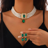 Thumbnail for Baroque Layered CZ Inlaid Crystal Pendant Pearl Chain Choker Necklace Earrings Set