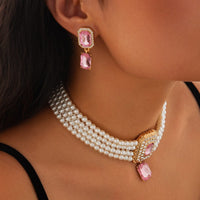 Thumbnail for Baroque Layered CZ Inlaid Crystal Pendant Pearl Chain Choker Necklace Earrings Set