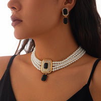 Thumbnail for Baroque Layered CZ Inlaid Crystal Pendant Pearl Chain Choker Necklace Earrings Set