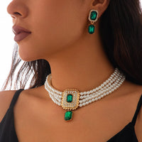 Thumbnail for Baroque Layered CZ Inlaid Crystal Pendant Pearl Chain Choker Necklace Earrings Set