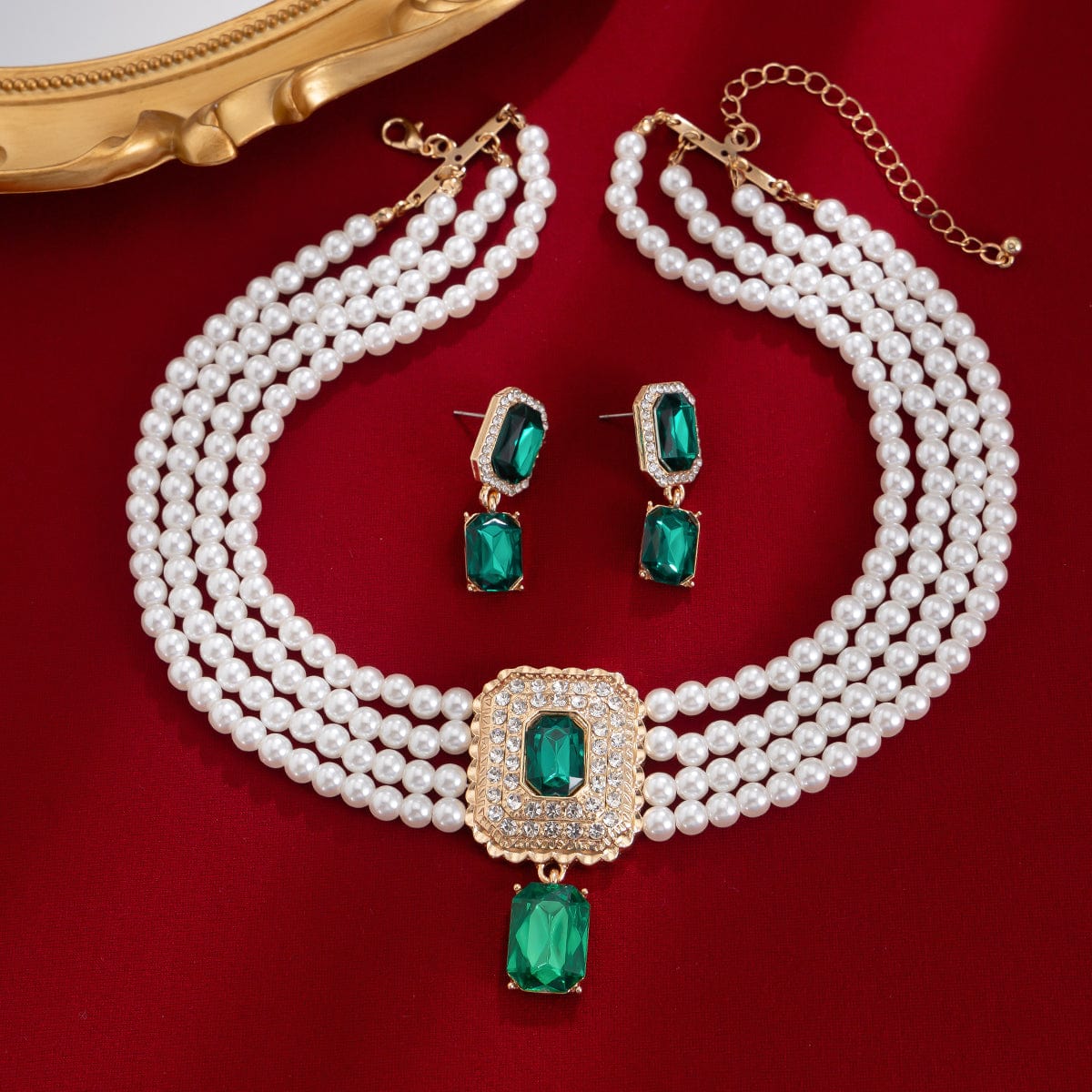 Baroque Layered CZ Inlaid Crystal Pendant Pearl Chain Choker Necklace Earrings Set