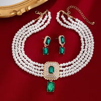 Thumbnail for Baroque Layered CZ Inlaid Crystal Pendant Pearl Chain Choker Necklace Earrings Set