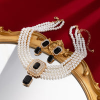 Thumbnail for Baroque Layered CZ Inlaid Crystal Pendant Pearl Chain Choker Necklace Earrings Set