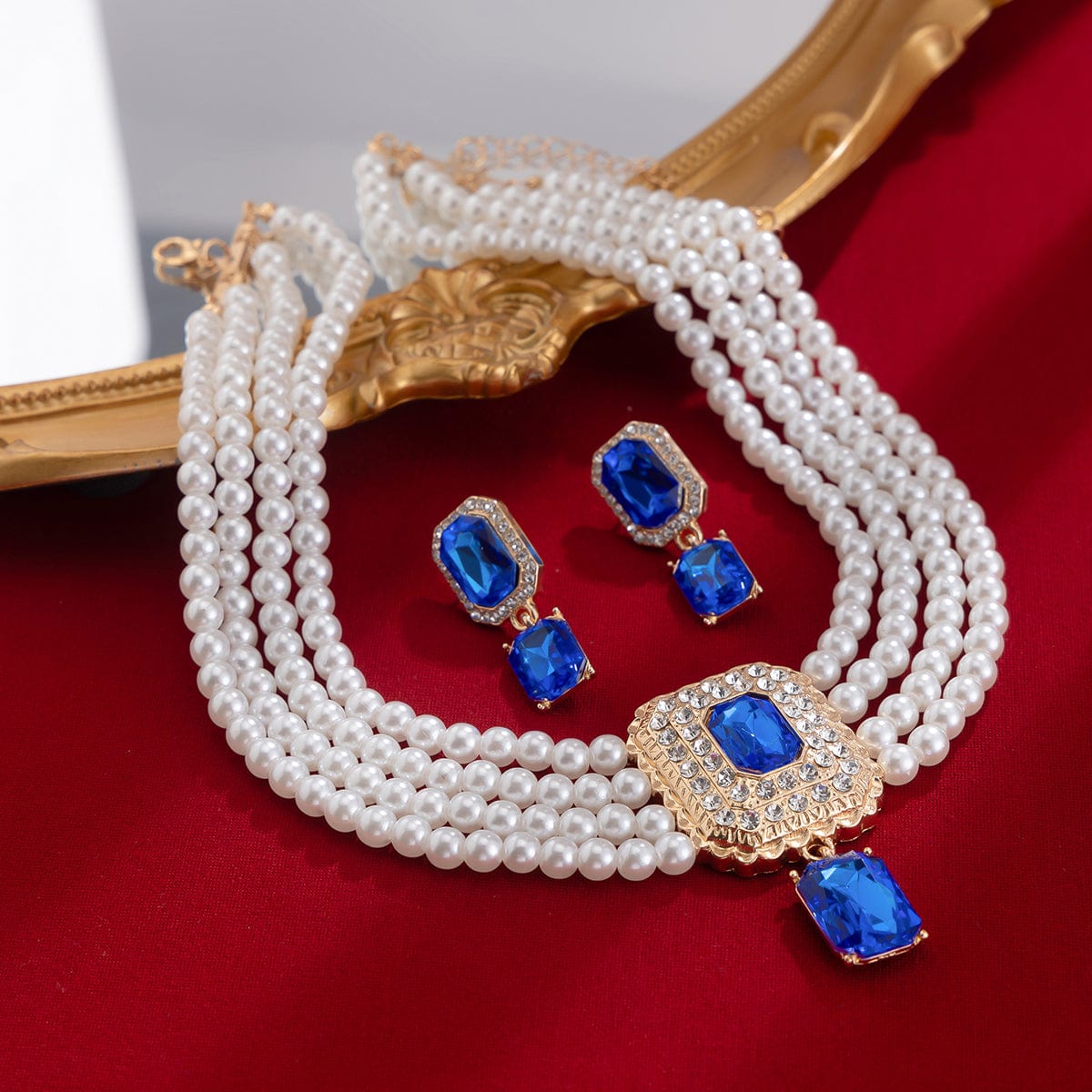 Baroque Layered CZ Inlaid Crystal Pendant Pearl Chain Choker Necklace Earrings Set