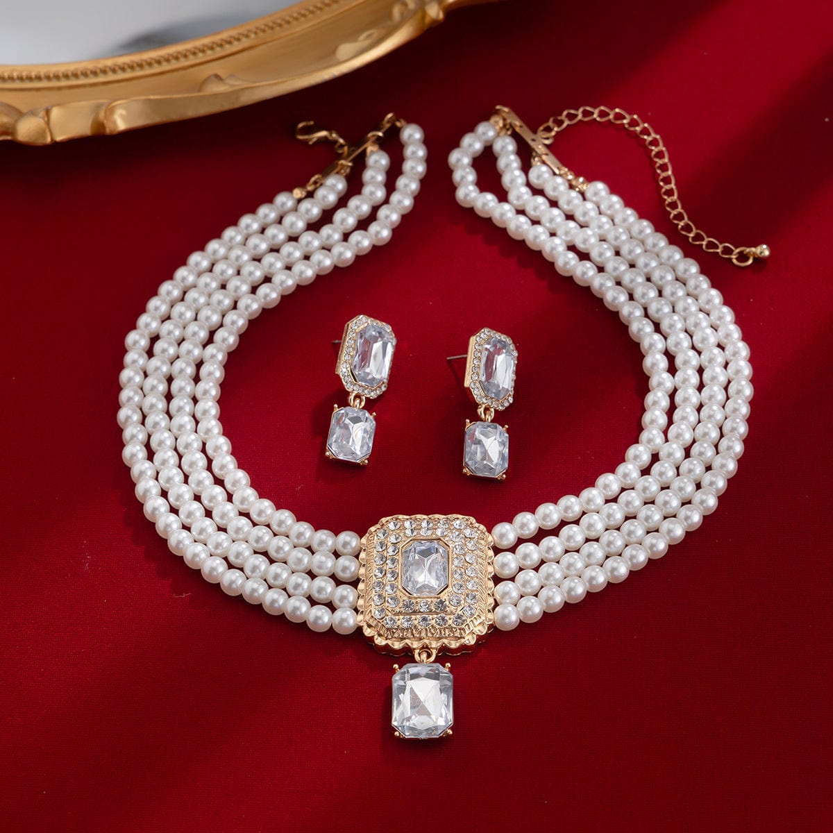 Baroque Layered CZ Inlaid Crystal Pendant Pearl Chain Choker Necklace Earrings Set