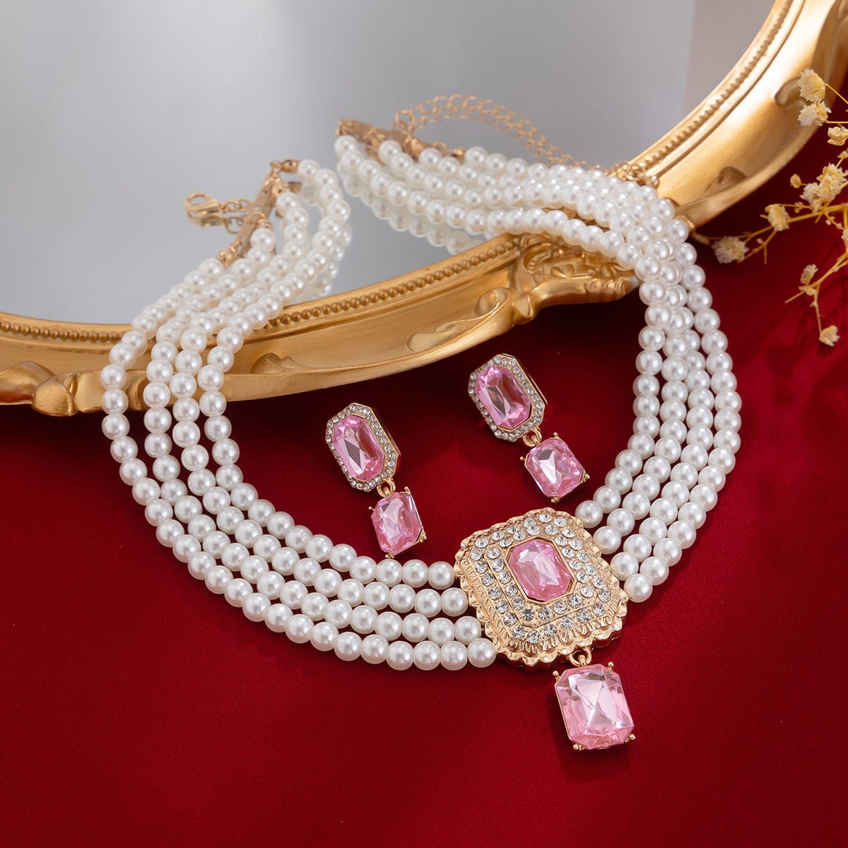 Baroque Layered CZ Inlaid Crystal Pendant Pearl Chain Choker Necklace Earrings Set