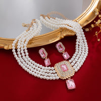 Thumbnail for Baroque Layered CZ Inlaid Crystal Pendant Pearl Chain Choker Necklace Earrings Set