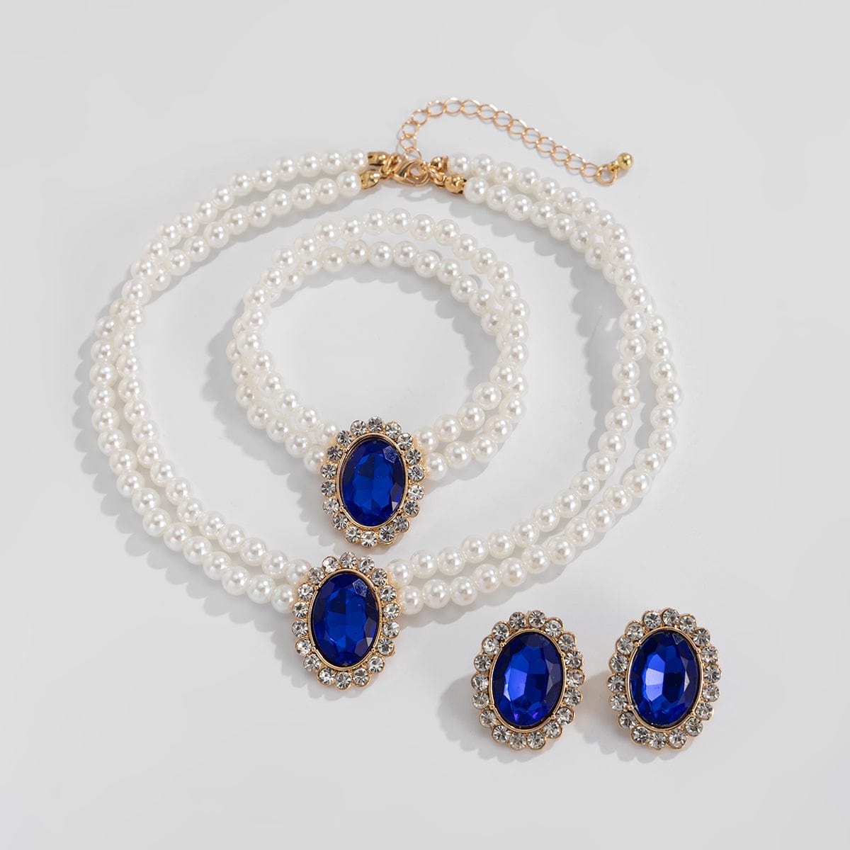 Baroque Layered Emerald CZ Inlaid Pearl Chain Choker Necklace Bracelet Earrings Set