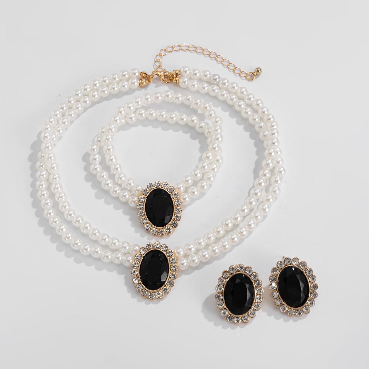 Baroque Layered Emerald CZ Inlaid Pearl Chain Choker Necklace Bracelet Earrings Set