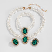 Thumbnail for Baroque Layered Emerald CZ Inlaid Pearl Chain Choker Necklace Bracelet Earrings Set
