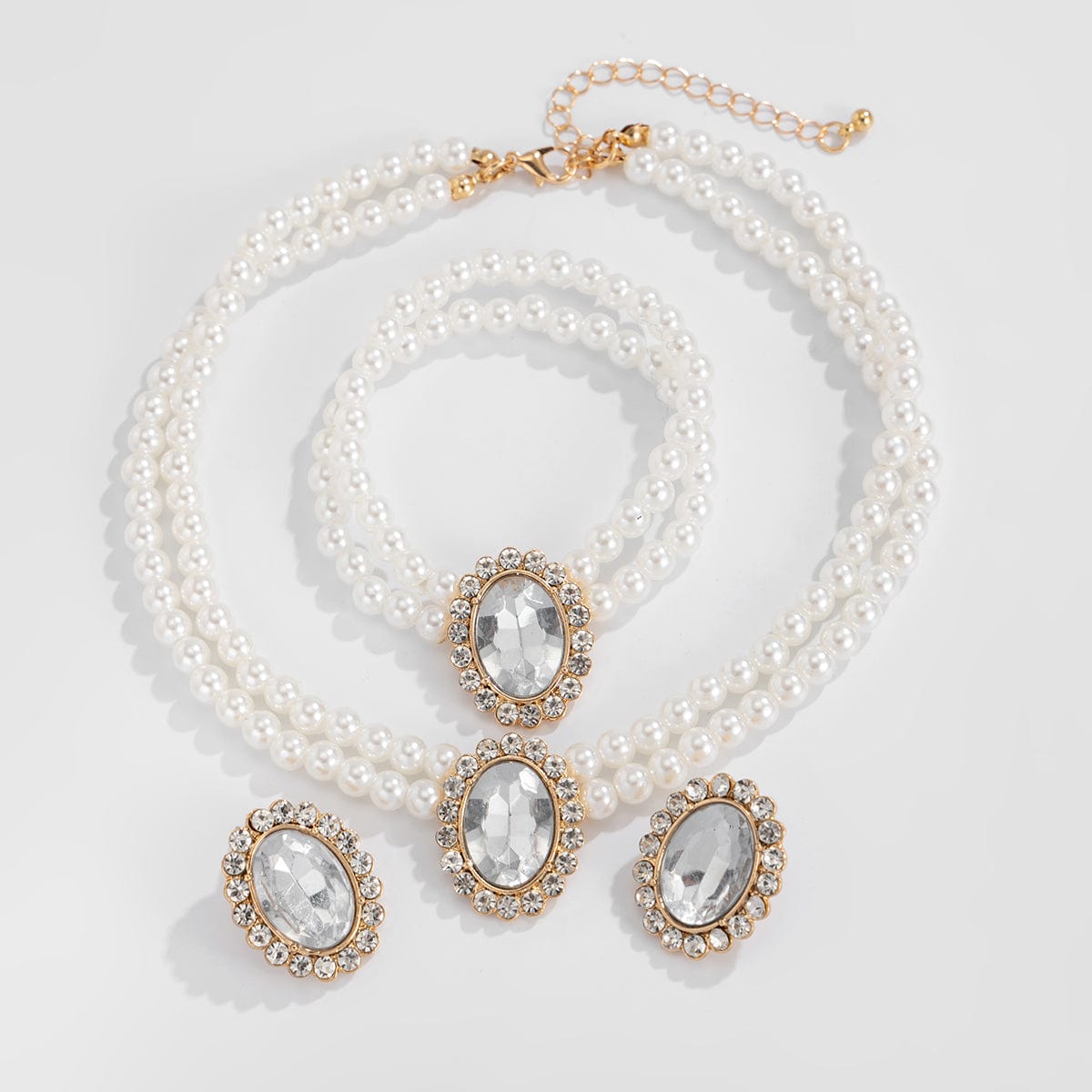 Baroque Layered Emerald CZ Inlaid Pearl Chain Choker Necklace Bracelet Earrings Set