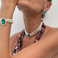 Thumbnail for Baroque Layered Emerald CZ Inlaid Pearl Chain Choker Necklace Bracelet Earrings Set