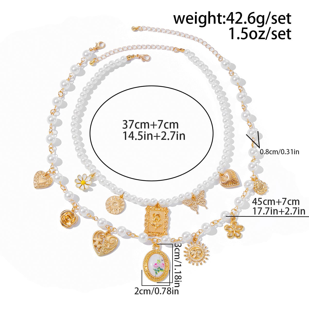 Baroque Layered Enamel Flower Heart Sun Pendant Pearl Chain Necklace Set - ArtGalleryZen