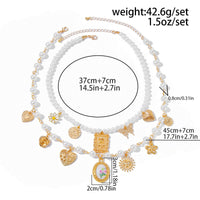 Thumbnail for Baroque Layered Enamel Flower Heart Sun Pendant Pearl Chain Necklace Set - ArtGalleryZen