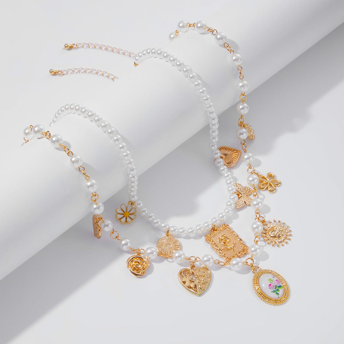 Baroque Layered Enamel Flower Heart Sun Pendant Pearl Chain Necklace Set - ArtGalleryZen