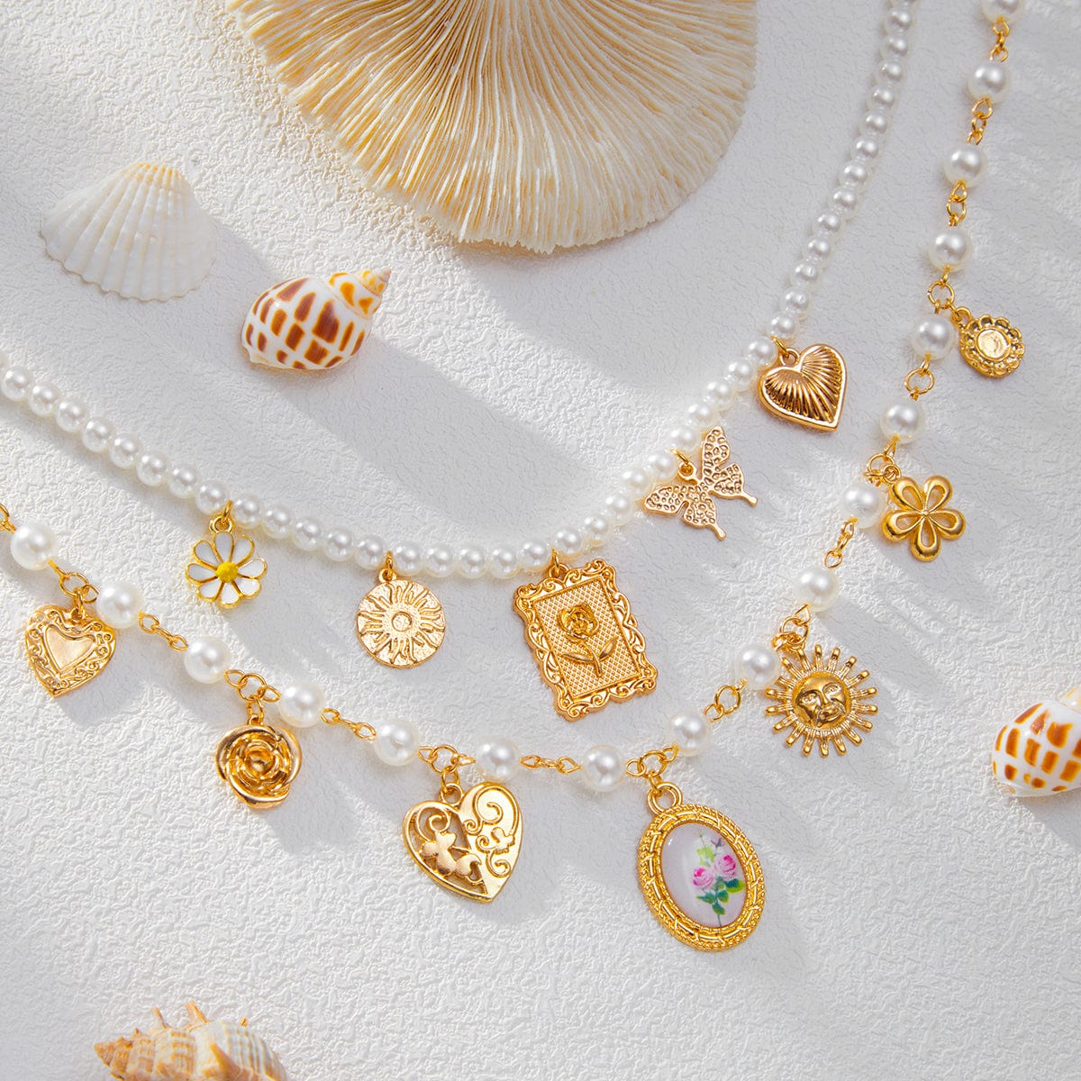 Baroque Layered Enamel Flower Heart Sun Pendant Pearl Chain Necklace Set - ArtGalleryZen